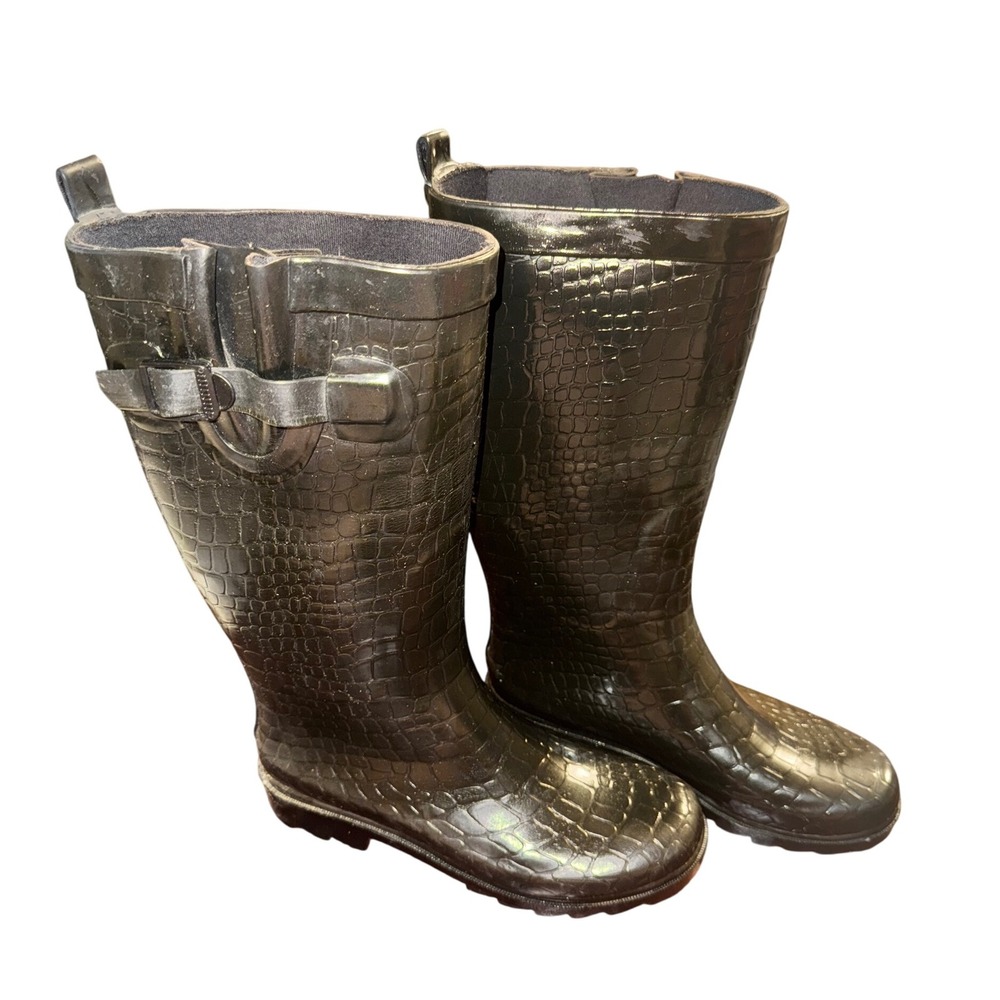 Capelli New York Women's Black Crocodile Print Rubber Rain Boots Size 7 - Picture 2 of 4